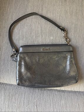Coach Metallic Charcoal Perforated Wristlet